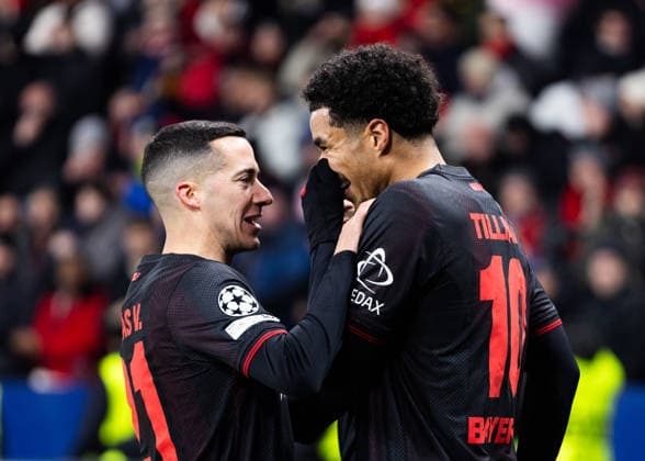 Leverkusen, Bayarena, 28 01 2026 Malik Tillman of Leverkusen R celebrates scoring the 1 0 goal with Lucas Vazquez of Leverkusen during the Championsleague match Bayer 04 Leverkusen vs FC Villarreal