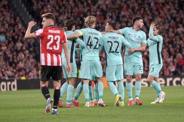 UEFA Champions League Athletic Club vs Sporting Clube de Portugal Players of Sporting Clube de Portugal celebrate their team s first goal during Champions League 2025-26 League phase match between Athletic Club and Sporting Clube de Portugal at San mames stadium. Bilbo (Basque Country). January 28, 2026. (Gari Garaialde Bostok Photo) Bilbao Bizkaia Spain Editorial Use Only  Copyright: xGarikoitzxGaraialdex xBostokxPhotox Bostok Photo GarixGaraialdex GG2601280087