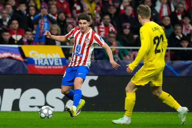 ATLETICO DE MADRID v FK BODO GLIMT. CHAMPIONS LEAGUE 2025 2026. ROUND 8 MATCH. Atletico de Madrid s Julian Alvarez (l) and FK Bodo Glimt s Andreas Helmersen during Champions League 2025 2026, Round 8 match. January 28 ,2026. (ALTERPHOTOS Acero) MadridSpain  Copyright: xAcerox