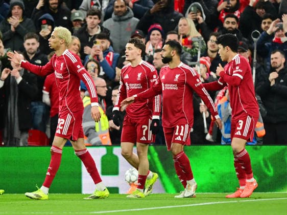 Liverpool, England, 28th January 2026. Florian Wirtz of Liverpool (2l) celebrates scoring their second goal during the Liverpool vs Qarabag FK UEFA Champions League match at Anfield, Liverpool. Picture credit should read: Harriet Massey Sportimage EDITORIAL USE ONLY. No use with unauthorised audio, video, data, fixture lists, club league logos or live services. Online in-match use limited to 120 images, no video emulation. No use in betting, games or single club league player publications. SPI_038_HM_Lpool_Qarabag SPI-4487-0037
