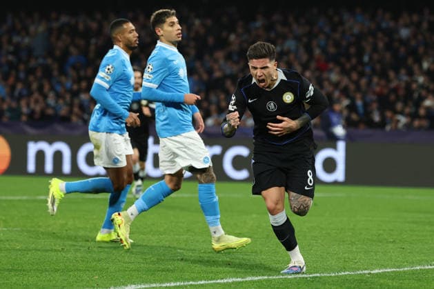 Enzo Fernandez of Chelsea celebrates after scoring the goal of 0-1 during the UEFA Champions League 2025 2026 football match between SSC Napoli and Chelsea FC at Diego Armando Maradona stadium in Naples (Italy), January 28th, 2026. cesarexpurini