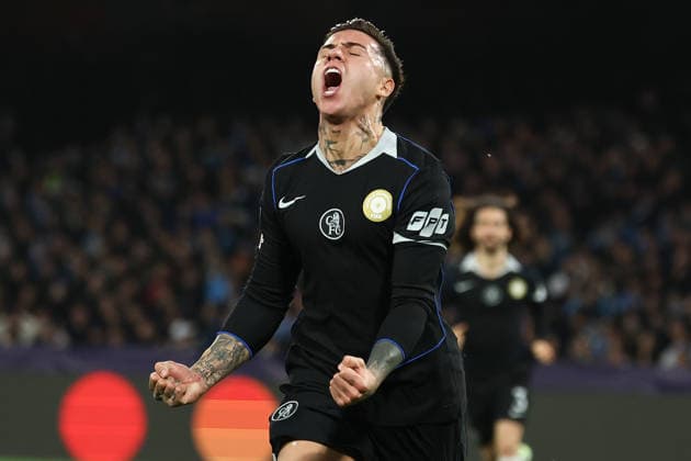 Enzo Fernandez of Chelsea celebrates after scoring the goal of 0-1 during the UEFA Champions League 2025 2026 football match between SSC Napoli and Chelsea FC at Diego Armando Maradona stadium in Naples (Italy), January 28th, 2026. cesarexpurini
