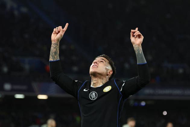 Enzo Fernandez of Chelsea celebrates after scoring the goal of 0-1 during the UEFA Champions League 2025 2026 football match between SSC Napoli and Chelsea FC at Diego Armando Maradona stadium in Naples (Italy), January 28th, 2026. cesarexpurini