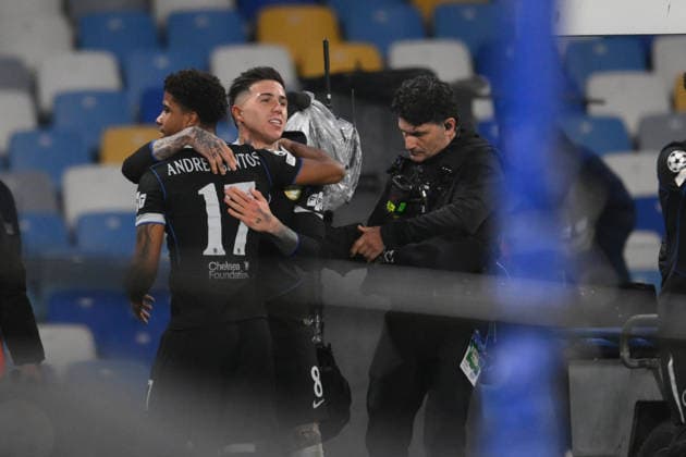 28th January 2026, Stadio Diego Armando Maradona, Naples, Italy; Champions League Football; Napoli versus Chelsea; Enzo Fernandez of Chelsea FC celebrates after scoring goal in the 19th minute for 0-1  AllShotLive Content restricted for UK based newspaper