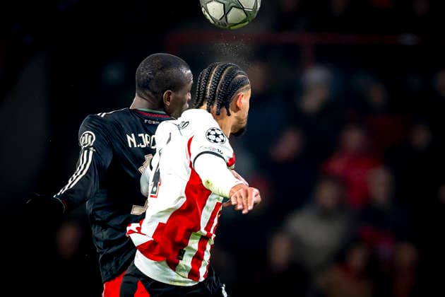 SC Bayern Munchen forwarder Nicolas Jackson, PSV Eindhoven defender Armando Obispo during the match PSV Eindhoven vs FC Bayern Munchen at the Philips stadium for the Champions League phase Matchday 8 season 2025 2026 in EINDHOVEN, Netherlands on 28 01 2026,
