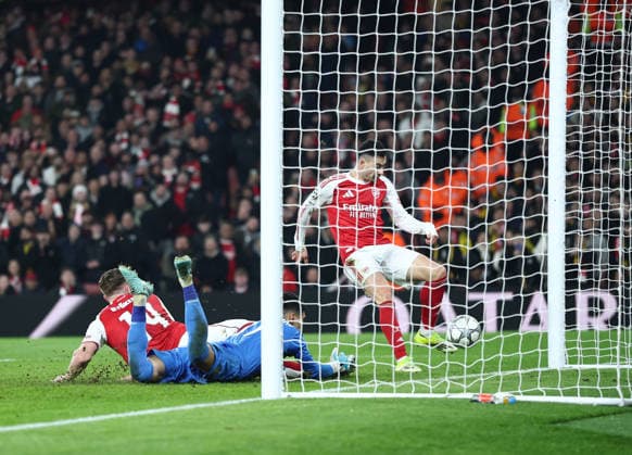 London, England, 28th January 2026. Gabriel Martinelli of Arsenal scores their third goal during the Arsenal vs Kairat Almaty UEFA Champions League match at the Emirates Stadium, London. Picture credit should read: David Klein Sportimage EDITORIAL USE ONLY. No use with unauthorised audio, video, data, fixture lists, club league logos or live services. Online in-match use limited to 120 images, no video emulation. No use in betting, games or single club league player publications. SPI_034_DK_Arsenal_Alamty SPI-4488-0034