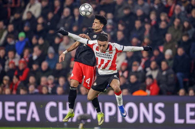 2026-01-28 PSV Eindhoven v FC Bayern Munich - UEFA Champions League 2025 26 League Phase MD8 EINDHOVEN, NETHERLANDS - JANUARY 28: Luiz Diaz of FC Bayern Munich, Sergino Dest of PSV Eindhoven during the UEFA Champions League 2025 26 League Phase MD8 match between PSV Eindhoven and FC Bayern Munich at Philips Stadion on January 28, 2026 in Eindhoven, Netherlands. Eindhoven Philips Stadion Netherlands Content not available for redistribution in The Netherlands directly or indirectly through any third parties. Copyright: xBroerxvanxdenxBoomx
