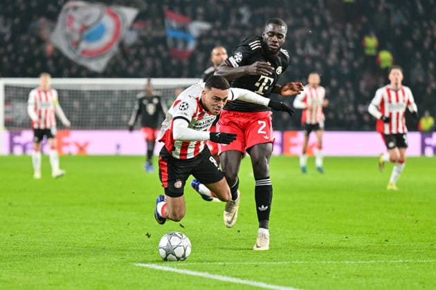 UEFA Champions League PSV Eindhoven FC Bayern Munich 28 01 2026 EINDHOVEN, NETHERLANDS 28 JANUARY in the duel Sergino DEST PSV Eindhoven 8 and Dayot UPAMECANO FC Bayern Munich 2 during the match between PSV Eindhoven and FC Bayern Munich on matchday 8 of the UEFA Champions League group stage at Philips Stadion Copyright: xBEAUTIFULxSPORTS Goldbergx