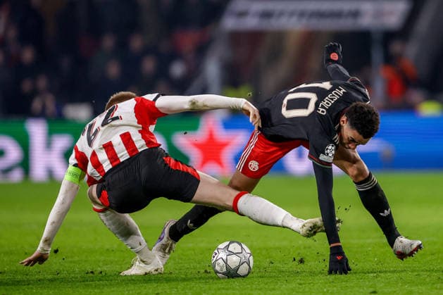 2026-01-28 PSV Eindhoven v FC Bayern Munich - UEFA Champions League 2025 26 League Phase MD8 EINDHOVEN, NETHERLANDS - JANUARY 28: Jerdy Schouten of PSV Eindhoven, Jamal Musiala of FC Bayern Munich during the UEFA Champions League 2025 26 League Phase MD8 match between PSV Eindhoven and FC Bayern Munich at Philips Stadion on January 28, 2026 in Eindhoven, Netherlands. Eindhoven Philips Stadion Netherlands Content not available for redistribution in The Netherlands directly or indirectly through any third parties. Copyright: xBroerxvanxdenxBoomx