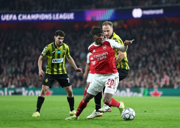 London, England, 28th January 2026. Noni Madueke of Arsenal in action during the Arsenal vs Kairat Almaty UEFA Champions League match at the Emirates Stadium, London. Picture credit should read: David Klein Sportimage EDITORIAL USE ONLY. No use with unauthorised audio, video, data, fixture lists, club league logos or live services. Online in-match use limited to 120 images, no video emulation. No use in betting, games or single club league player publications. SPI_037_DK_Arsenal_Alamty SPI-4488-0037