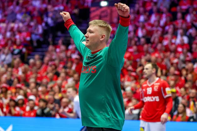 28 01 2026, Handball, Men s EHF EURO 2026, Denmark Norway, Jyske Bank Boxen in Herning, Denmark, Main Round Emil Nielsen Denmark 12 jub elnd Denmark