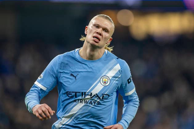 28th January 2026; Etihad Stadium, Manchester, England; UEFA Champions League Football, Manchester City versus Galatasaray; Erling Haland of Manchester City celebrates scoring a 10th minute goal to make the score 1-0  TimxWilliams Content restricted for UK based newspaper