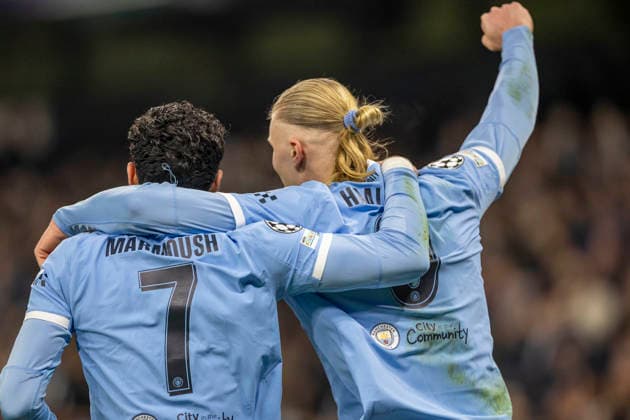 28th January 2026; Etihad Stadium, Manchester, England; UEFA Champions League Football, Manchester City versus Galatasaray; Erling Haland of Manchester City celebrates scoring a 10th minute goal to make the score 1-0  TimxWilliams Content restricted for UK based newspaper