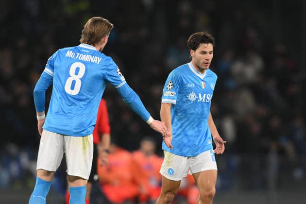 28th January 2026, Stadio Diego Armando Maradona, Naples, Italy; Champions League Football; Napoli versus Chelsea; Antonio Vergara of SSC Napoli celebrates with his teammate Scott Mctominay of SSC Napoli after scoring the 1-1 goal  AllShotLive Content restricted for UK based newspaper