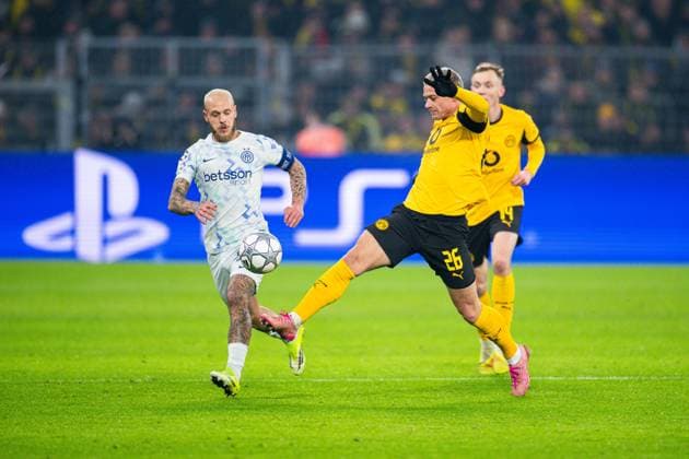 28 01 2026 Football, 2025 2026, UEFA Champions League, Matchday 8, Borussia Dortmund Inter Milan L R Federico Dimarco Milan , Julian Ryerson Dortmund