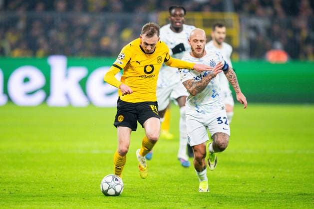 28 01 2026 Football, 2025 2026, UEFA Champions League, Matchday 8, Borussia Dortmund Inter Milan L R Maximilian Beier Dortmund , Federico Dimarco Milan