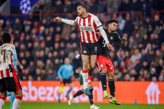 2026-01-28 PSV Eindhoven v FC Bayern Munich - UEFA Champions League 2025 26 League Phase MD8 EINDHOVEN, NETHERLANDS - JANUARY 28: Armando Obispo of PSV Eindhoven, Luiz Diaz of FC Bayern Munich during the UEFA Champions League 2025 26 League Phase MD8 match between PSV Eindhoven and FC Bayern Munich at Philips Stadion on January 28, 2026 in Eindhoven, Netherlands. Eindhoven Philips Stadion Netherlands Content not available for redistribution in The Netherlands directly or indirectly through any third parties. Copyright: xBroerxvanxdenxBoomx