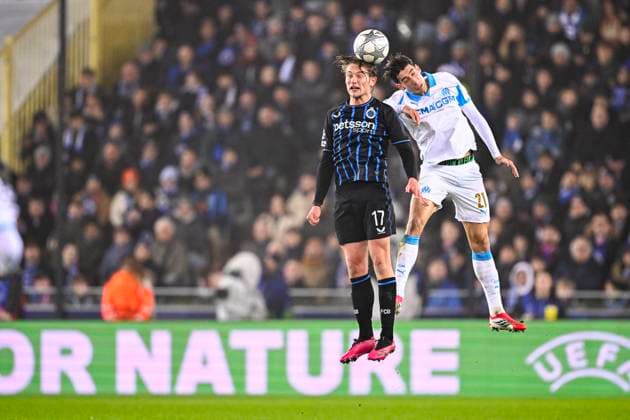 Club Brugge v Marseille - UEFA Champions League BRUGGE, BELGIUM - JANUARY 28 : Vermant Romeo forward of Club Brugge and Aguerd Nayef defender of OM Marseille in action during the UEFA Champions League 2025 26 League Phase MD8 match between Club Brugge and Marseille on January 28, 2026 in Brugge, Belgium, 28 01 2026 Brugge Belgium  Copyright: xTomasxSiskx