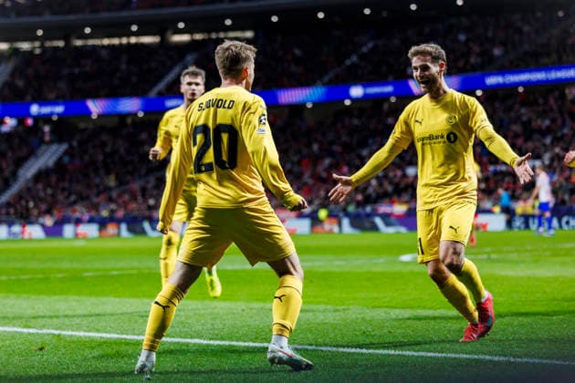 Atletico de Madrid vs Bodo Glimt - UEFA Champions League - 28 01 2026 Fredrik Sjovold of Bodo Glimt celebrating his goal with his teammates during the UEFA Champions League match between Atletico de Madrid and Bodo Glimt at Riyadh Air Metropolitano on January 28, 2026 in Madrid, Spain. Madrid Spain Copyright: xMarinaxFrutos PGSxPhotoxAgencyx