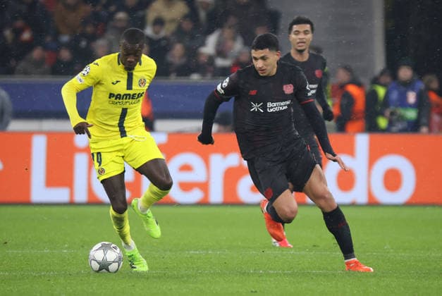 v l Nicolas Pepe Villarreal CF 19 , Ezequiel Fernandez Bayer Leverkusen, 06 GER, Bayer 04 Leverkusen vs Villarreal CF, Football, Champions League, Matchday 8, Season 2025 2026, 28 01 2026 GER, Bayer 04 Leverkusen vs Villarreal CF, Football, Champions League, Matchday 8, Season 2025 2026, 28 01 2026 Leverkusen Copyright: xEibner-Pressefotox xThomasxStoeckerx EP_TSR