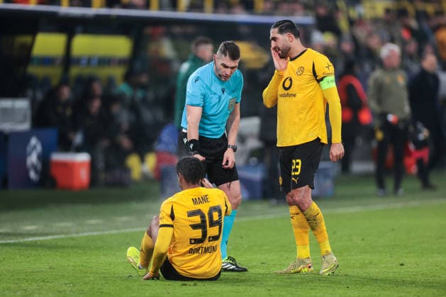 28 01 2026, UEFA Champions League, Matchday 8, Borussia Dortmund Inter Milan, v l Filippo Mane Borussia Dortmund , Referee Istvan Kovacs ROU , Emre Can Borussia Dortmund , Dortmund Signal Iduna Park NRW Germany xRHR PHOTO DEx Copyright: DennisxEwert RHR-FOTOx RHR-FOTO DE