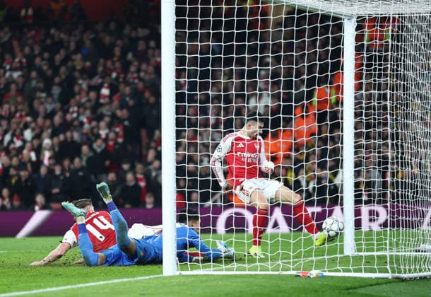 London, England, 28th January 2026. Gabriel Martinelli of Arsenal scores their third goal during the Arsenal vs Kairat Almaty UEFA Champions League match at the Emirates Stadium, London. Picture credit should read: David Klein Sportimage EDITORIAL USE ONLY. No use with unauthorised audio, video, data, fixture lists, club league logos or live services. Online in-match use limited to 120 images, no video emulation. No use in betting, games or single club league player publications. SPI_043_DK_Arsenal_Alamty SPI-4488-0043