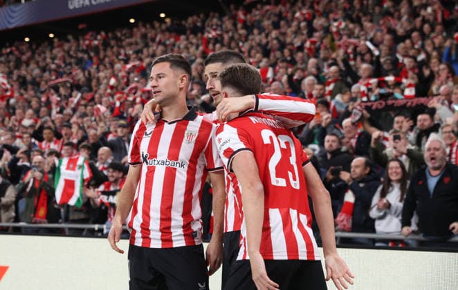 Athletic Club Bilbao vs Sporting CP 2025-26 UEFA Champions League, Bilbao, Spain, 28 January 2026. Gorka Guruzeta (Athletic Club), Oihan Sancet (Athletic Club) and Robert Navarro (Athletic Club) celebrate after scoring his team s first goal, Credit:Juan Lazkano Photobilbao Avalon Bilbao, Basque Country, Spain  Copyright: xJuanxLazkanoxPhotobilbaox xAvalonx 1070081145
