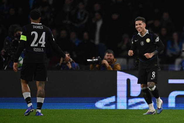 Enzo Fernandez of Chelsea F.C. celebrates after scoring the goal of 0-1 during the UEFA Champions League phase day 8 football match between S.S.C. Napoli and Chelsea F.C. at the Diego Armando Maradona Stadium on January 27, 2026 in Naples, Italy.  Copyright: xDomenicoxCippitelli IPAxSportx xipa-agency.netx xx IPA_70671913 IPA_Agency_IPA70671913