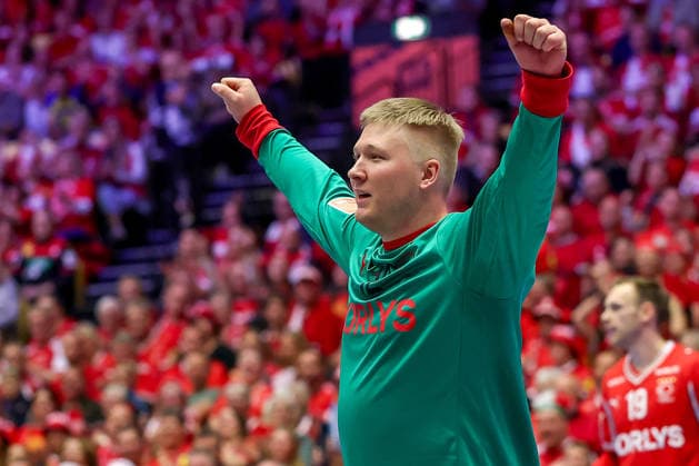 28 01 2026, Handball, Men s EHF EURO 2026, Denmark Norway, Jyske Bank Boxen in Herning, Denmark, Main Round Emil Nielsen Denmark 12 jub elnd Denmark