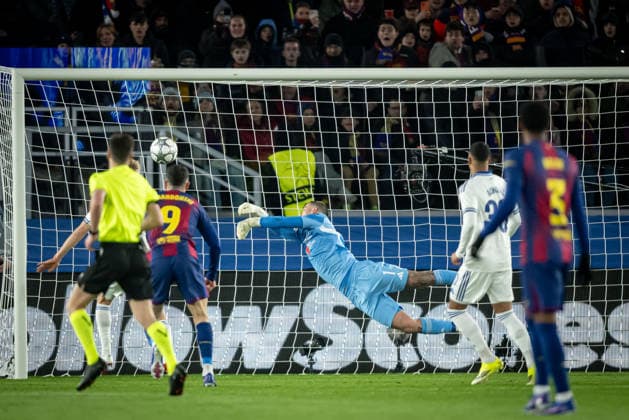 Goalkeeper Dominik Kotarski FC Copenhagen saves during a UEFA Champions League match between FC Barcelona and Copenhagen at Spotify Camp Nou in Barcelona, , Spain, on January 28 2026 Photo by Felipe Mondino Copyright: x@FELIPExMONDINOx