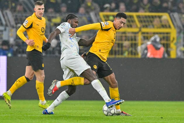 from left in duel Marcus Thuram Inter 9 Jobe Bellingham Dortmund 7 28 01 2026 Soccer, Champions League, Borussia Dortmund vs Inter Milan , Signal Iduna Park, Dortmund, Copyright: xpepphotox xHorstxMauelshagenx pep00321, pep_20260128_hm_262861