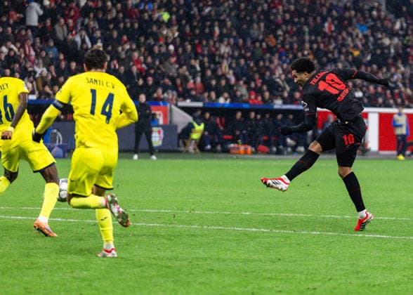 Leverkusen, Bayarena, 28 01 2026 Malik Tillman of Leverkusen scores the 2 0 goal during the Championsleague match Bayer 04 Leverkusen vs FC Villarreal