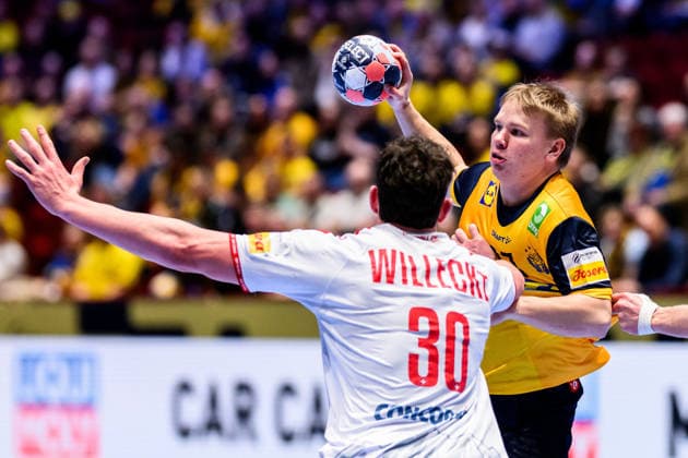 260128 Axel Mansson of Sweden during the EHF European Handball Championship main round match between Switzerland and Sweden on January 28, 2026 in Malmö Photo Petter Arvidson BILDBYRAN kod PA PA1145 handball handball handballs em 2026 schweiz sverige sweden ehf european handball championship switzerland bbeng  Copyright: PETTERxARVIDSON BB260128PA187