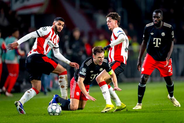 PSV Eindhoven midfielder Ismael Saibari, SC Bayern Munchen midfielder Joshua Kimmich during the match PSV Eindhoven vs FC Bayern Munchen at the Philips stadium for the Champions League phase Matchday 8 season 2025 2026 in EINDHOVEN, Netherlands on 28 01 2026,