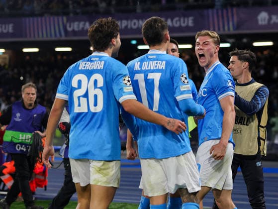 Napoli™s Rasmus Hojlund celebrates after scoring 2-1 during the UEFA Champions League football match between Napoli vs Chelsea - Champions League 2025 2026 - Diego Armando Maradona stadium January 28, 2026 Naples, Italy soccer  Copyright: xAlessandroxGarofalo LaPressex