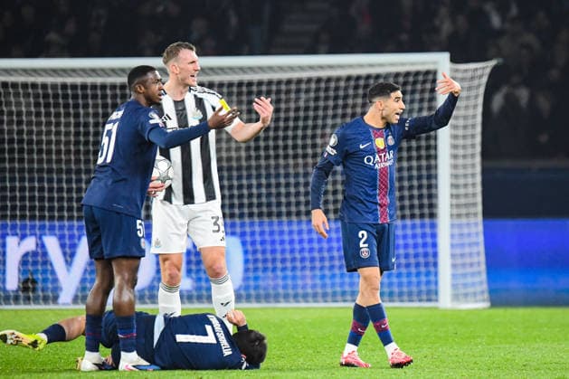 FOOTBALL : Paris Saint Germain vs Newcastle United - Ligue des Champions - Phase de Ligue - JournÃ e 8 - 28 01 2026 Achraf Hakimi (Paris SG) Dan Burn (Newcastle United) Khvicha Kvaratskhelia (Paris SG) Willian Pacho (Paris SG) ParisFrance  Copyright: xBaptistexAutissierx