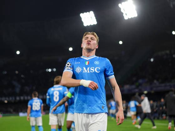 Napoli™s Rasmus Hojlund celebrates after scoring 2-1 during the UEFA Champions League football match between Napoli vs Chelsea - Champions League 2025 2026 - Diego Armando Maradona stadium January 28, 2026 Naples, Italy soccer  Copyright: xAlessandroxGarofalo LaPressex