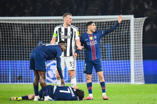 FOOTBALL : Paris Saint Germain vs Newcastle United - Ligue des Champions - Phase de Ligue - JournÃ e 8 - 28 01 2026 Achraf Hakimi (Paris SG) Dan Burn (Newcastle United) Khvicha Kvaratskhelia (Paris SG) ParisFrance  Copyright: xBaptistexAutissierx