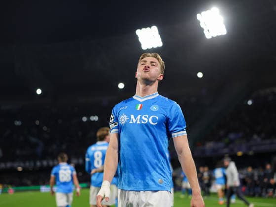 Napoli™s Rasmus Hojlund celebrates after scoring 2-1 during the UEFA Champions League football match between Napoli vs Chelsea - Champions League 2025 2026 - Diego Armando Maradona stadium January 28, 2026 Naples, Italy soccer  Copyright: xAlessandroxGarofalo LaPressex