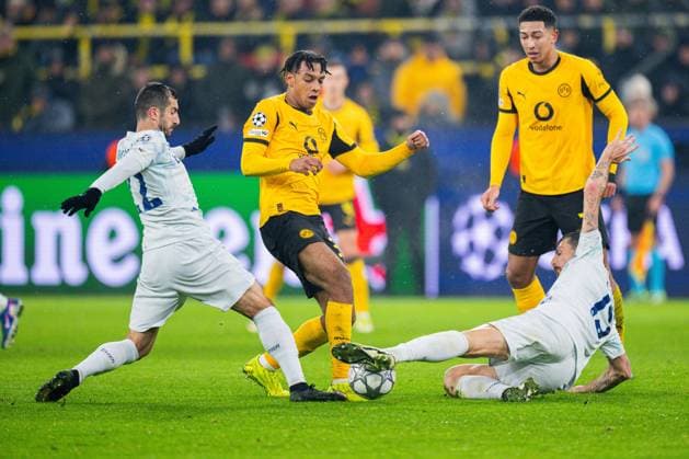 28 01 2026 Football, 2025 2026, UEFA Champions League, Matchday 8, Borussia Dortmund Inter Milan L R Henrikh Mkhitaryan Milan , Filippo Mane Dortmund , Francesco Acerbi Milan