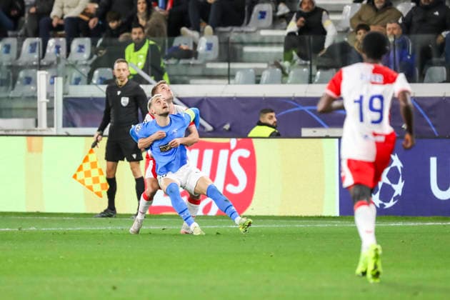 UEFA CL : Pafos vs Slavia Praha VLAD DRAGOMIR of Pafos competes for the ball. Pafos plays against Slavia Praha for the League Phase of the UEFA Champions League in Limassol stadium, Limassol, Cyprus, on Jan. 28, 2026. Limassol Cyprus Copyright: xKOSTASxPIKOULASx
