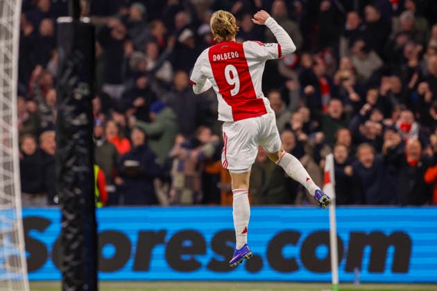 2026-01-28 AFC Ajax v Olympiacos FC - UEFA Champions League AMSTERDAM, NETHERLANDS - JANUARY 28: Kasper Dolberg of AFC Ajax celebrating his first and later disallowed goal during the UEFA Champions League match between AFC Ajax and Olympiacos FC at Johan Cruijff ArenA on January 28, 2026 in Amsterdam, Netherlands. Amsterdam Johan Cruijff ArenA Netherlands Content not available for redistribution in The Netherlands directly or indirectly through any third parties. Copyright: xBenxGalx
