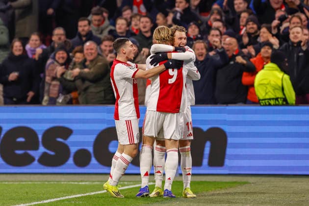 2026-01-28 AFC Ajax v Olympiacos FC - UEFA Champions League AMSTERDAM, NETHERLANDS - JANUARY 28: Oscar Gloukh of AFC Ajax, Kasper Dolberg of AFC Ajax, Mika Godts of AFC Ajax celebrating their first and later disallowed goal during the UEFA Champions League match between AFC Ajax and Olympiacos FC at Johan Cruijff ArenA on January 28, 2026 in Amsterdam, Netherlands. Amsterdam Johan Cruijff ArenA Netherlands Content not available for redistribution in The Netherlands directly or indirectly through any third parties. Copyright: xBenxGalx