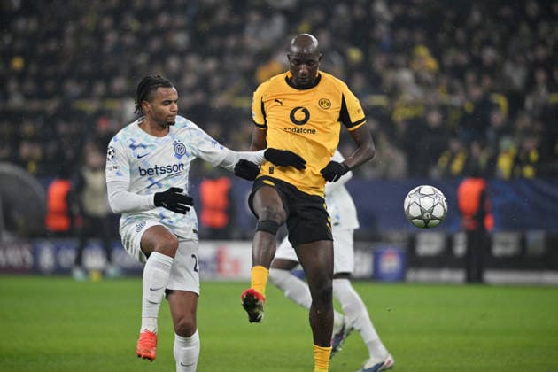 Manuel Akanji Inter Milan , Serhou Guirassy Borussia Dortmund , v li 28 01 2026, Football, UEFA Champions League 2025 2026, Matchday 8, Borussia Dortmund Inter Milan UEFA regulations prohibit any use of photographs as image sequences and or quasi video Dortmund Signal Iduna Park Nordrhein Westfalen Germany Team2