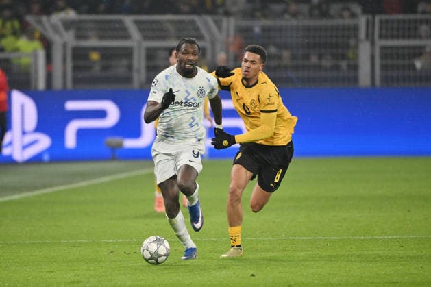 Marcus Thuram Inter Milan , Felix Nmecha Borussia Dortmund , v li 28 01 2026, Football, UEFA Champions League 2025 2026, Matchday 8, Borussia Dortmund Inter Milan UEFA regulations prohibit any use of photographs as image sequences and or quasi video Dortmund Signal Iduna Park Nordrhein Westfalen Germany Team2