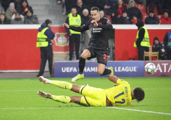 Lucas Vazquez B04 jumps over Renato Veiga VIL , UEFA Champions League, Matchday 8, Bayer 04 Leverkusen vs FC Villarreal, Bayarena Leverkusen, Germany, 28 01 2026
