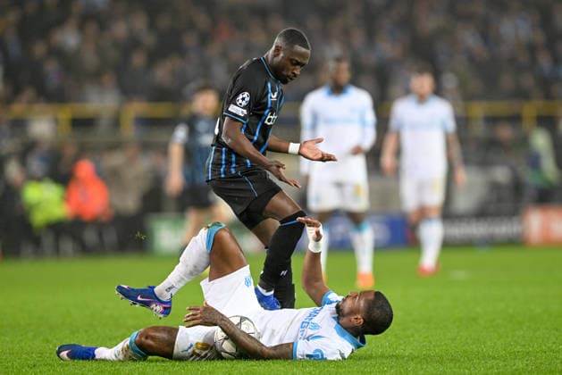 260127 Club Brugge vs Marseille Carlos Forbs (9) of Club Brugge reacts towards Michael Amir Murillo (62) of Marseille during the Uefa Champions League 8th matchday in the League phase game in season 2025 - 2026 between Club Brugge KV and Olympique de Marseille on January 28 , 2026 in Brugge, Belgium. (Photo by David Catry Isosport) Brugge Belgium  Copyright: xDavidxCatryx 20260128DC2_8359