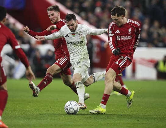 Liverpool v Qarabag, UEFA Champions League, League Phase 28.01.26 Liverpool v Qarabag, UEFA Champions League, League Phase Bradley Ormesher The Times Marko Jankovi¿ Of Qarabag, Alexis Mac Allister of Liverpool and Florian Wirtz of Liverpool  Copyright: xBradleyxOrmesherx NINTCHDBPICT001054824688
