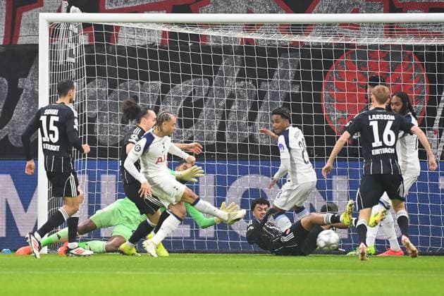 Disallowed goal by Xavi SIMONS Tottenham ,Action,Goal kick Football Champions League,Season 2025 26, League stage Eintracht Frankfurt Tottenham Hotspur on 28 01 2026, D E U T S C H E B A N K P A R K