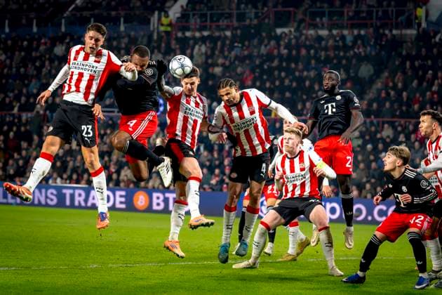 PSV Eindhoven midfielder Joey Veerman, SC Bayern Munchen defender Jonathan Tah, PSV Eindhoven forwarder Dennis Man, PSV Eindhoven defender Armando Obispo during the match PSV Eindhoven vs FC Bayern Munchen at the Philips stadium for the Champions League phase Matchday 8 season 2025 2026 in EINDHOVEN, Netherlands on 28 01 2026, Photo by Marcel van Dorst EYE4IMAGES